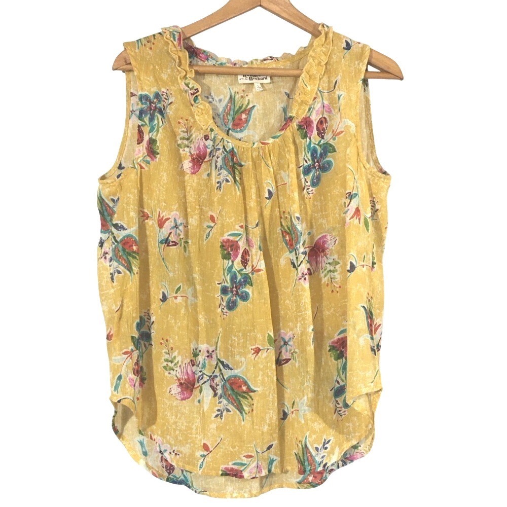 Hester &‎ Orchard Yellow Floral Ruffle Neck Gauze Cotton Tank Top Sleeveless L